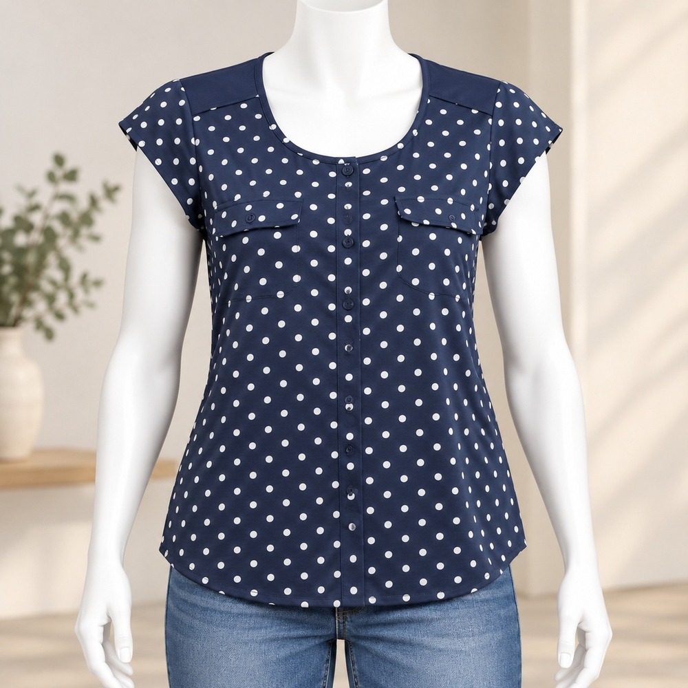 Diana Belle Polka Dot Top Medium Navy Blue Button Front Short Sleeve Pocket